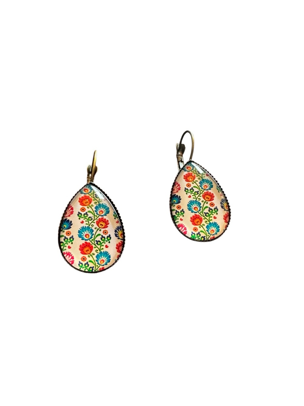 Vintage Colorful Floral Design on Teardrop Drop Earrings